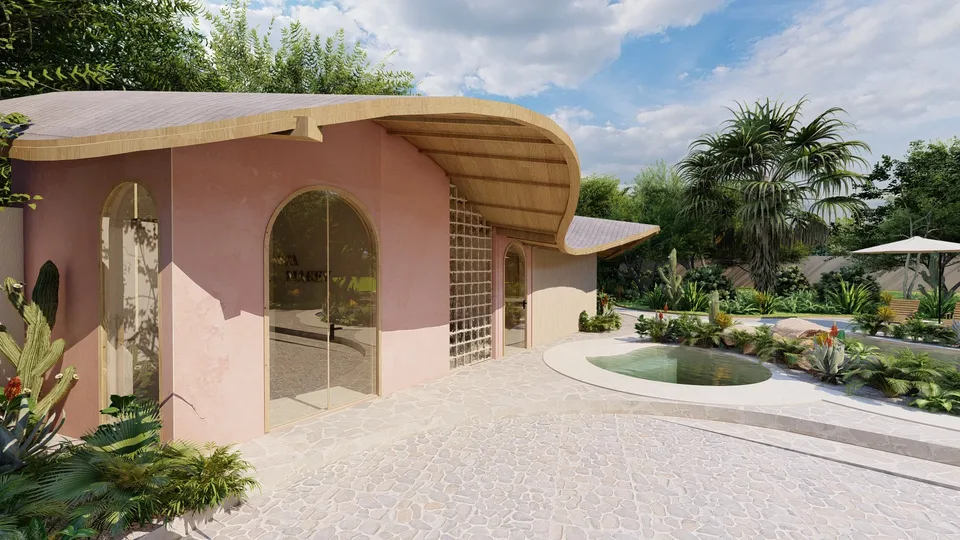 Bar y Spa Mabey, volumen curvo del spa con arco de acceso y jardín