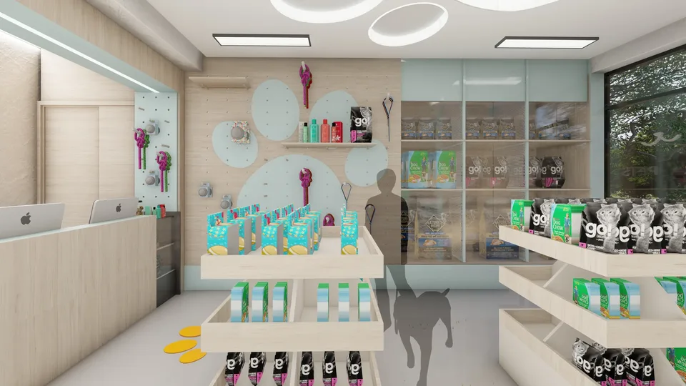 Doctor Pets, tienda con estanterías de productos