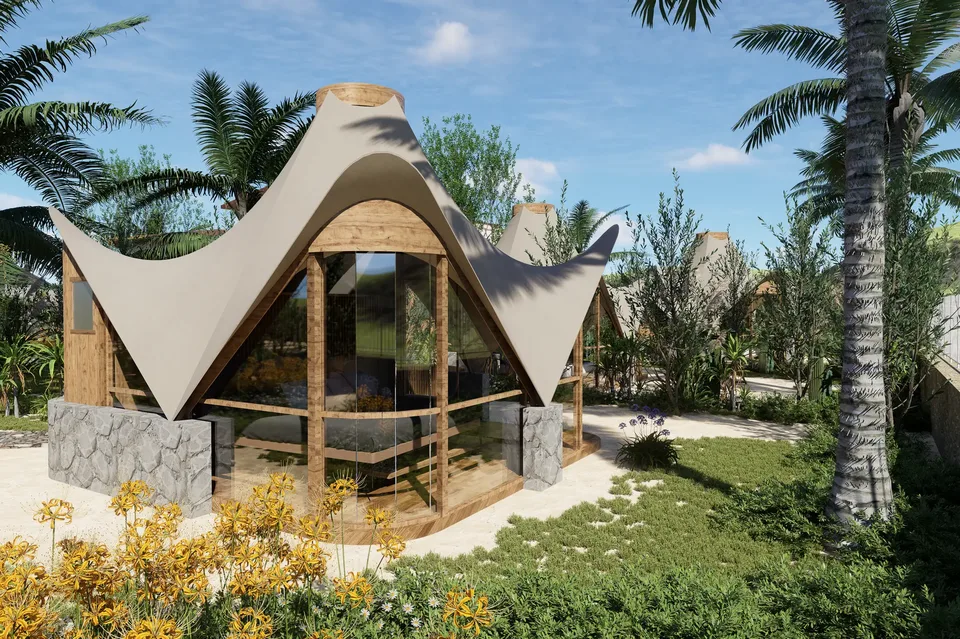 Ecos del Desierto, bungalow de cubierta curva entre las palmeras