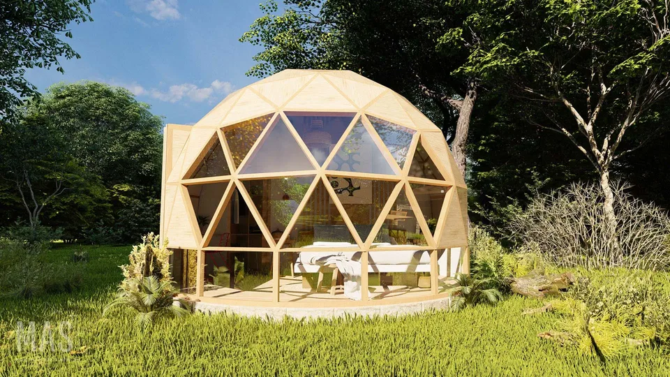 Prototipo de Domo, domo geodésico de madera entre los árboles