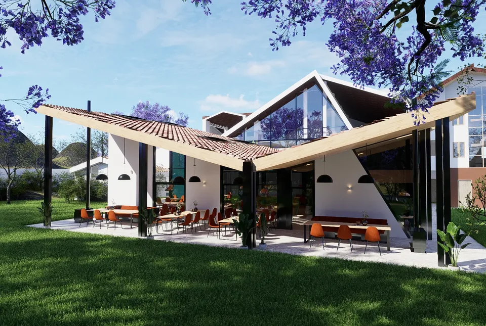 Restaurante Lupita, exterior con pérgola y cubierta a dos aguas